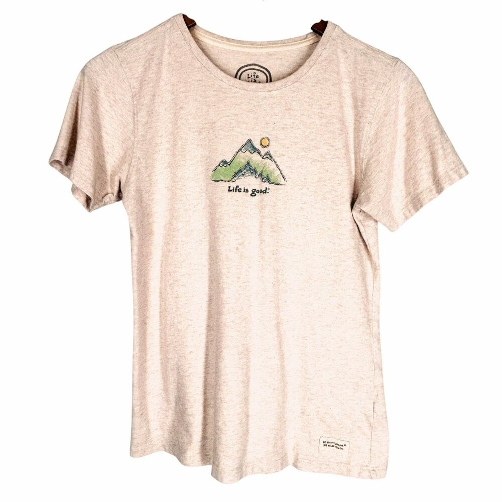 Life is Good T Shirt S Beige Heather Knit Top Mountains Forest Sun Short Sleeve